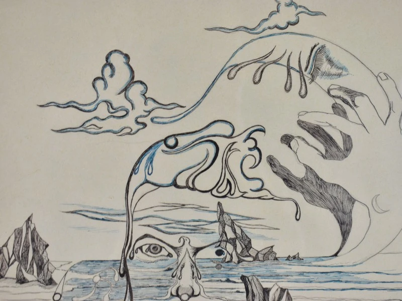 Gesigneerde surrealistische pentekening op papier, 1998, ingelijst