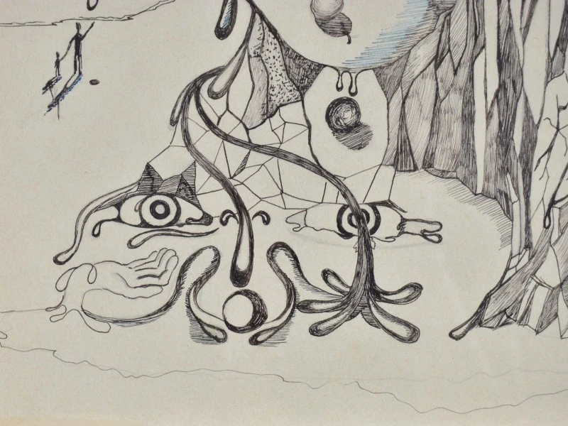 Gesigneerde surrealistische pentekening op papier, 1998, ingelijst