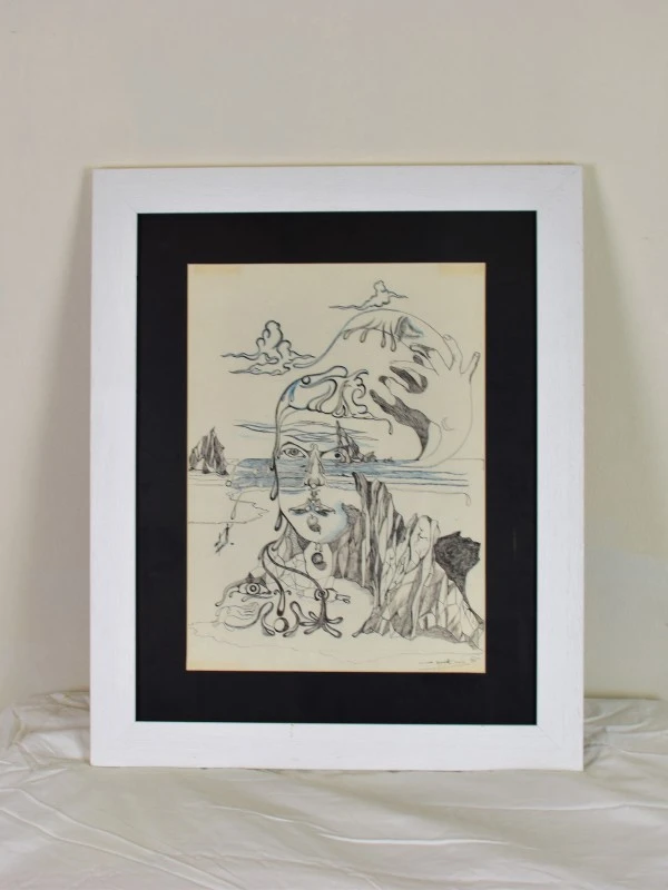 Gesigneerde surrealistische pentekening op papier, 1998, ingelijst