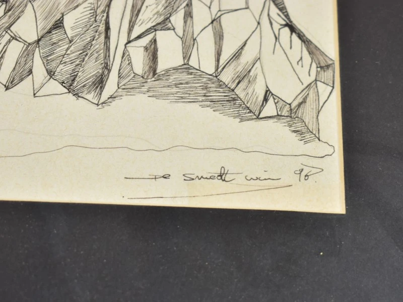 Gesigneerde surrealistische pentekening op papier, 1998, ingelijst