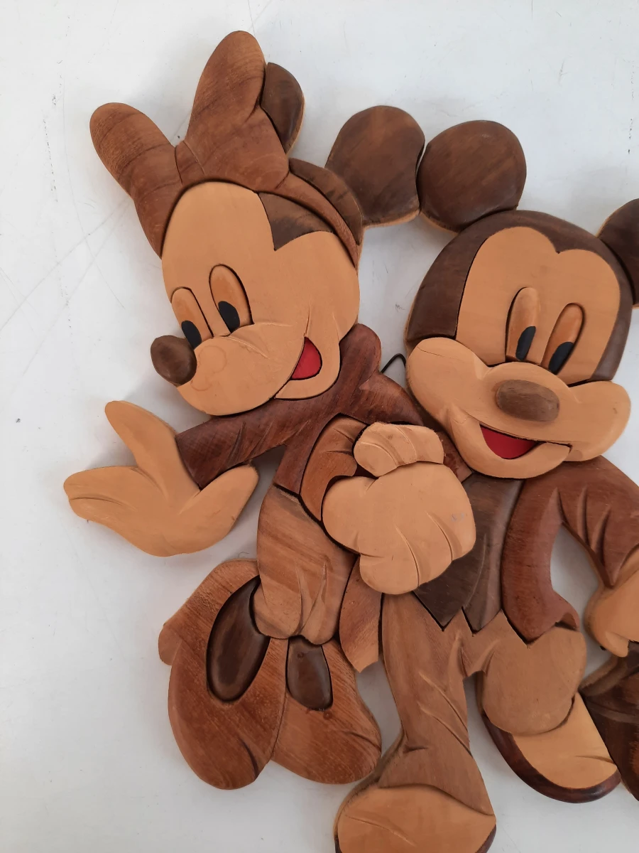 Vintage Disney Wanddecoratie – Mickey & Minnie Mouse – Hout Intarsia / 3D Houtinleg
