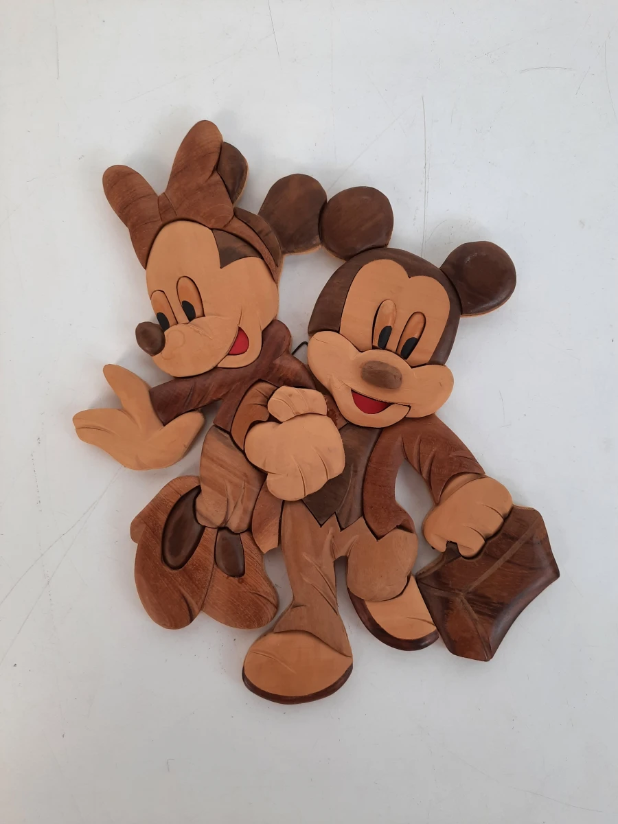 Vintage Disney Wanddecoratie – Mickey & Minnie Mouse – Hout Intarsia / 3D Houtinleg