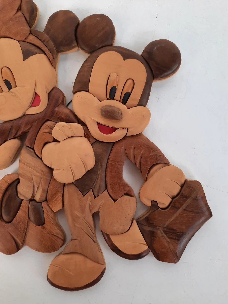 Vintage Disney Wanddecoratie – Mickey & Minnie Mouse – Hout Intarsia / 3D Houtinleg