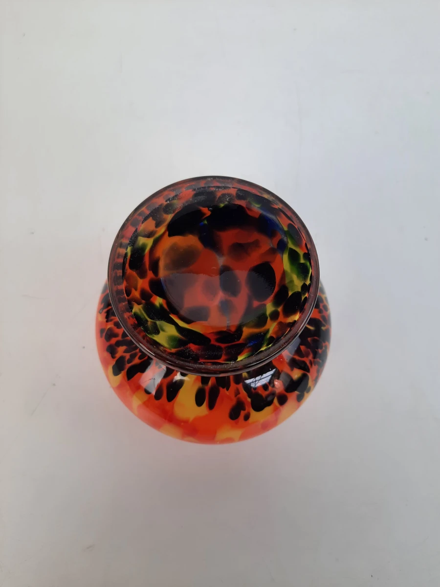 Vintage Mondgeblazen 'Spatter Glass' Vaas – Oranje Vlammenpatroon met Schildpad/Leopard Voet – Jaren '60/'70 Retro Art Glass