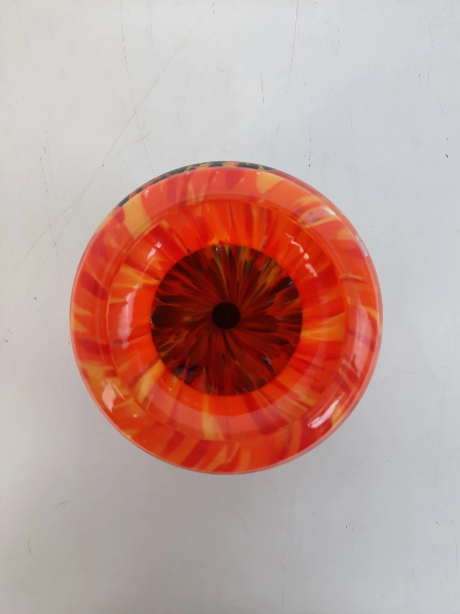 Vintage Mondgeblazen 'Spatter Glass' Vaas – Oranje Vlammenpatroon met Schildpad/Leopard Voet – Jaren '60/'70 Retro Art Glass