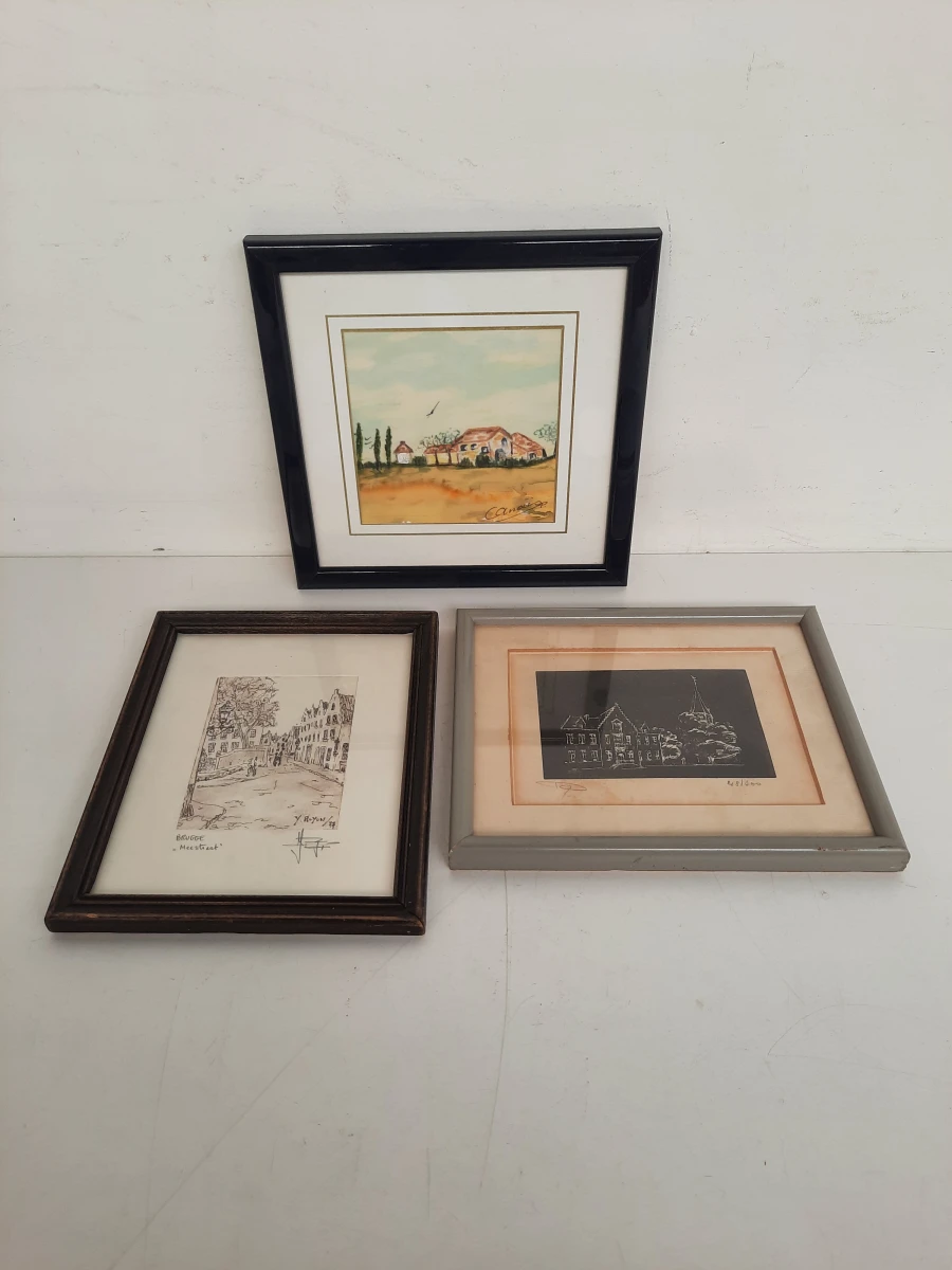 Set van 3 sfeervolle ingelijste kunstwerken / prenten (o.a. Yvan Royon)