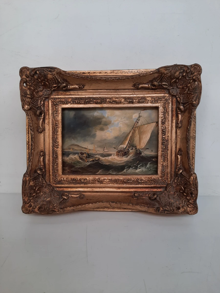 Sfeervol Olieverfschilderij "Schepen op Onstuimige Zee" – Gesigneerd A. Hess – In Zware Baroklijst