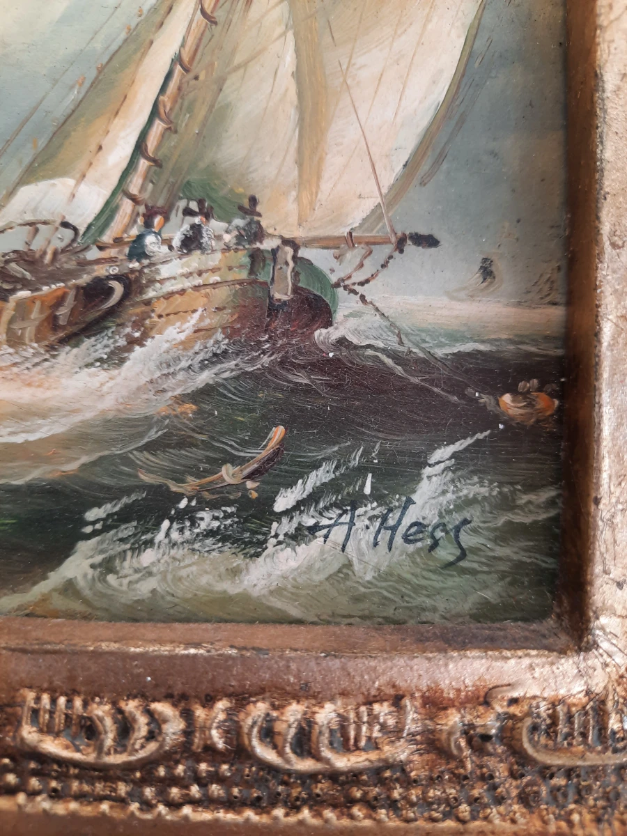 Sfeervol Olieverfschilderij "Schepen op Onstuimige Zee" – Gesigneerd A. Hess – In Zware Baroklijst