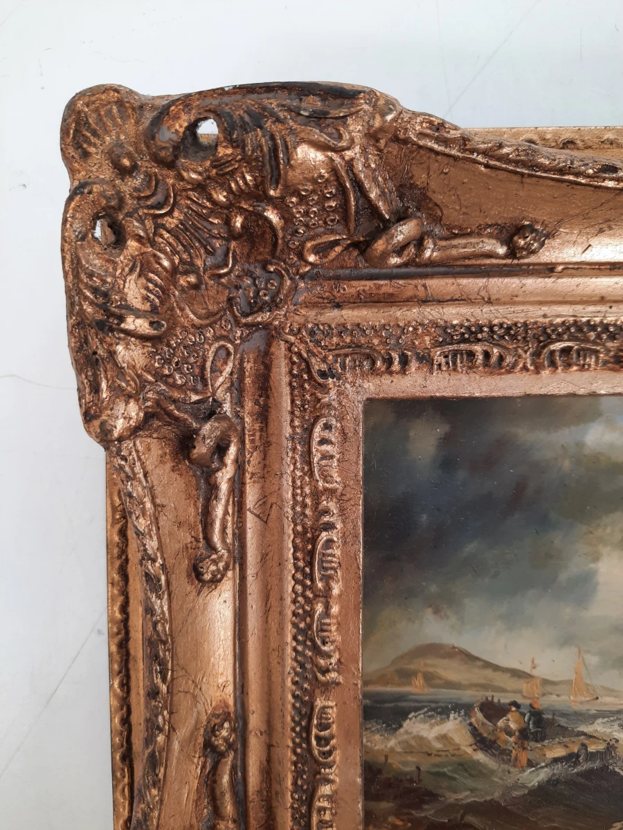 Sfeervol Olieverfschilderij "Schepen op Onstuimige Zee" – Gesigneerd A. Hess – In Zware Baroklijst