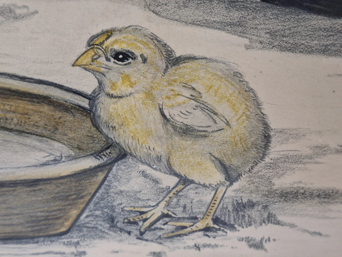 originele Art Deco steendruk (ca. 1930) - "Kip met kuikens" - Berend Sluyterman
