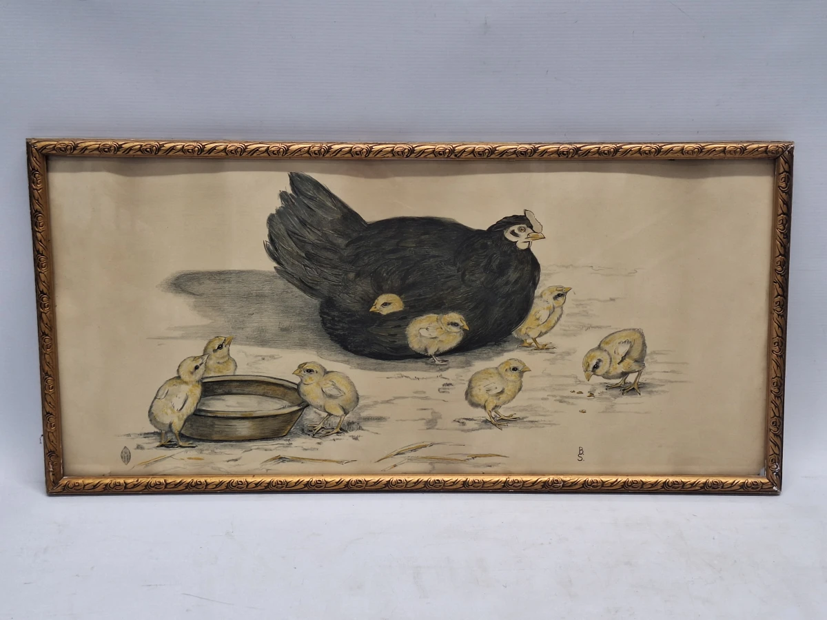 originele Art Deco steendruk (ca. 1930) - "Kip met kuikens" - Berend Sluyterman