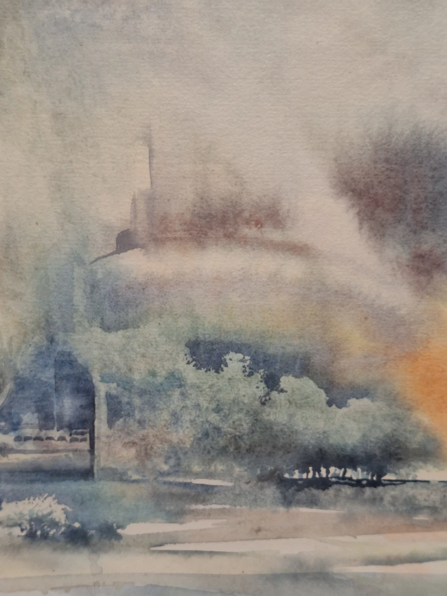 Origineel aquarel, gesigneerd en gedateerd 1990 - "Landschap fantasie" - Theo Selen