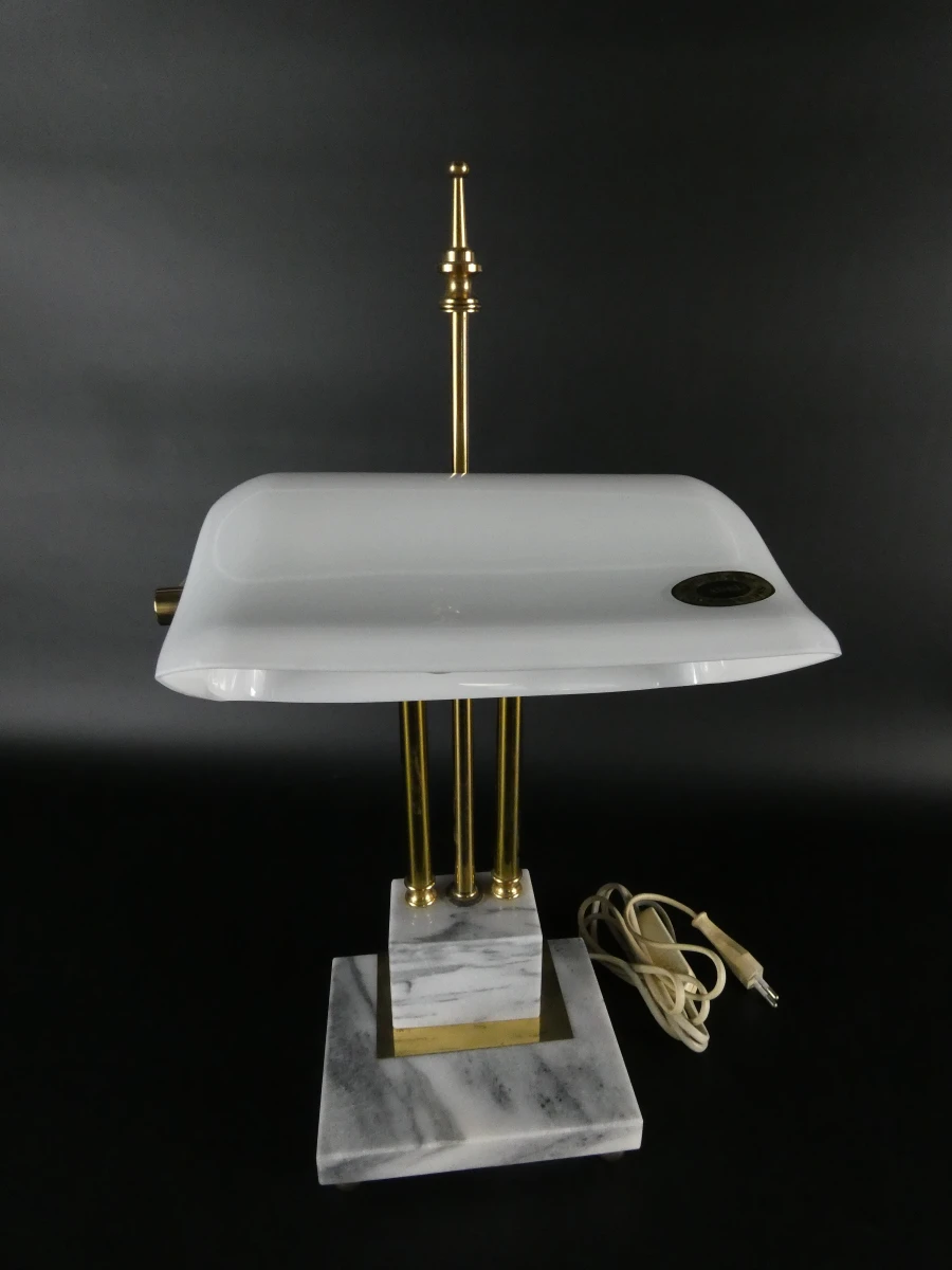 Vintage bureaulamp met marmeren voet en glazen kap