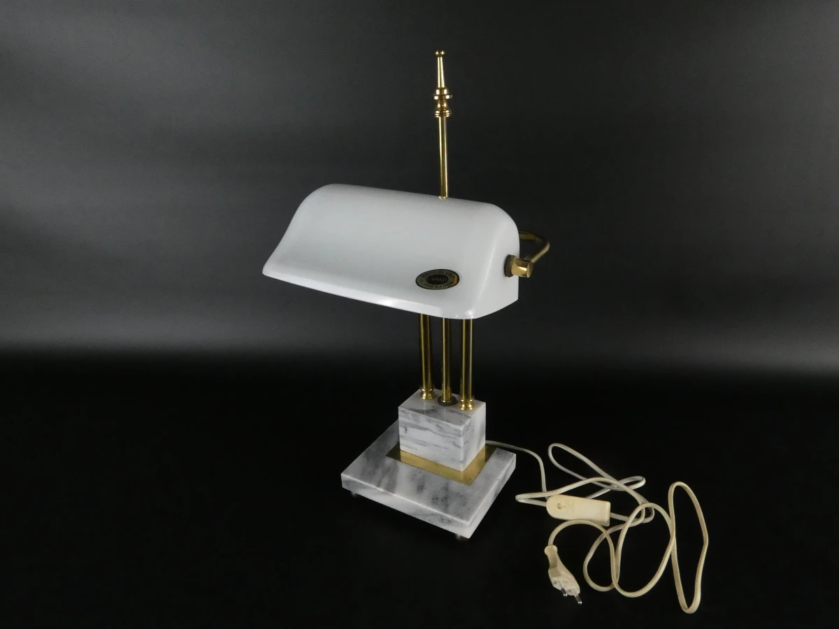 Vintage bureaulamp met marmeren voet en glazen kap