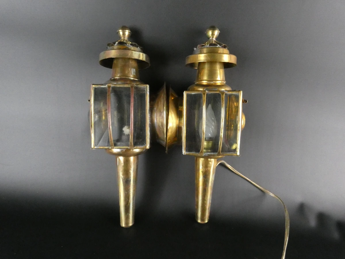 2 vintage koperen buitenlampen met glas