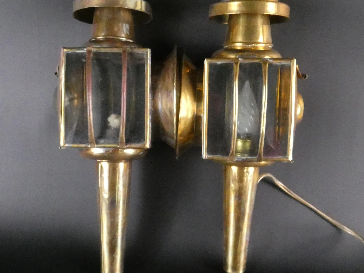 2 vintage koperen buitenlampen met glas