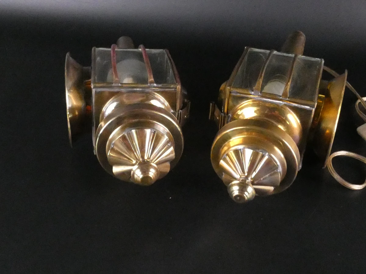 2 vintage koperen buitenlampen met glas