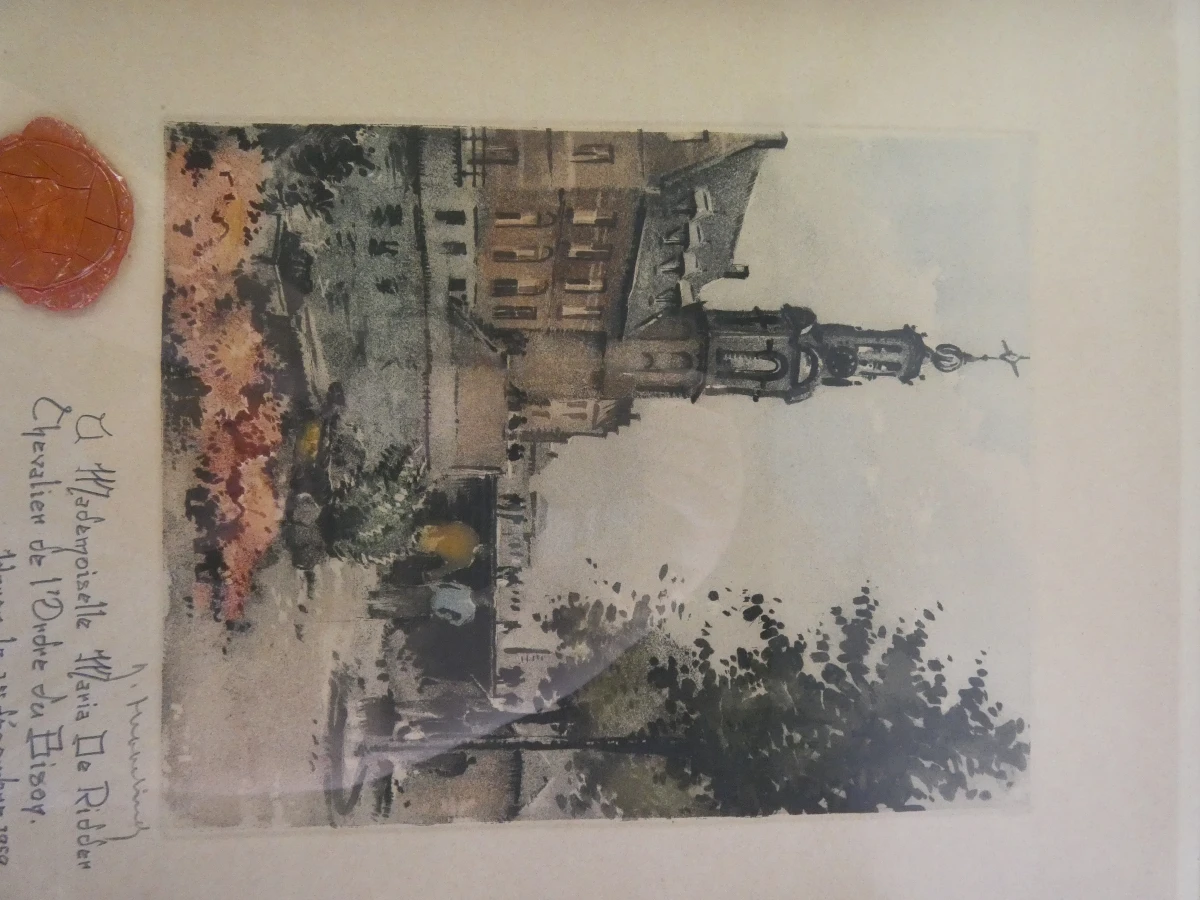Ingelijste aquatint van Roger Hebbelinck, met zegel en handtekening