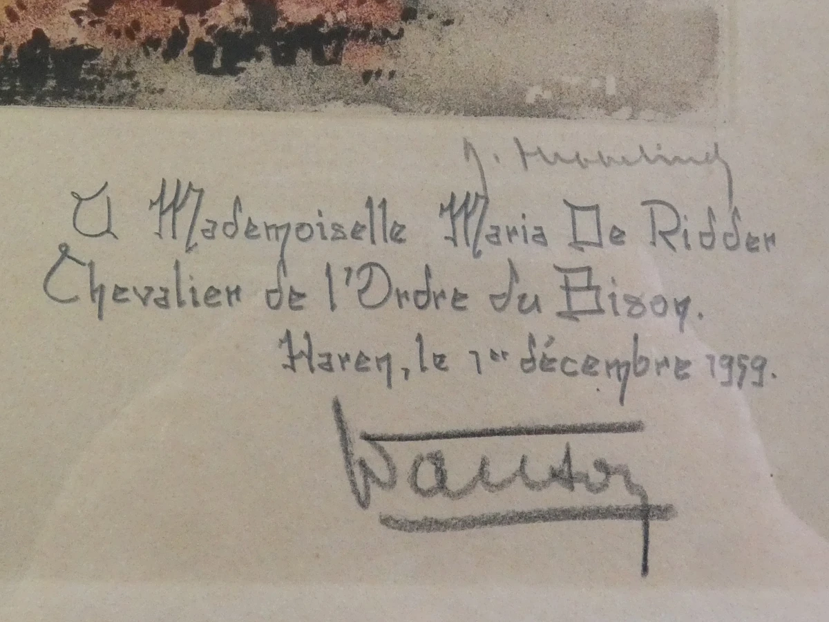 Ingelijste aquatint van Roger Hebbelinck, met zegel en handtekening