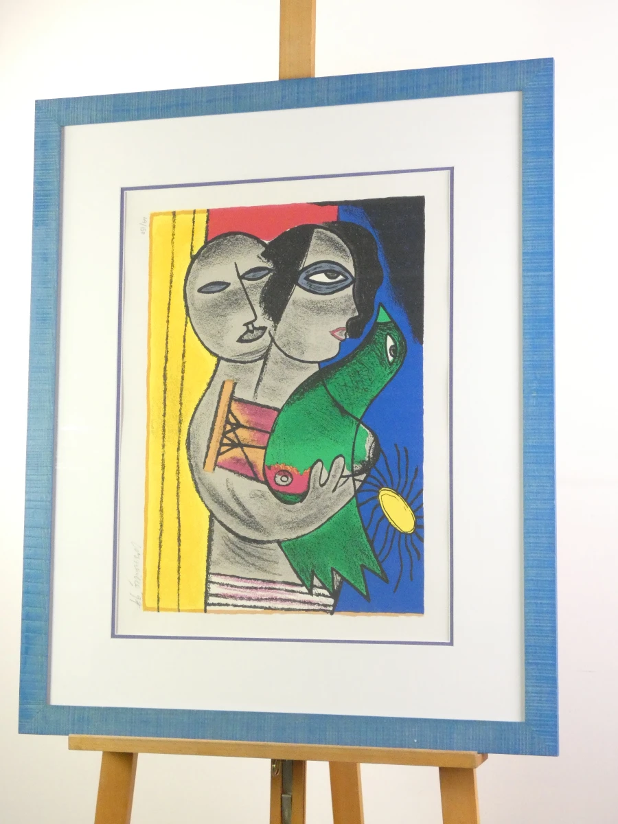Kleurrijke ingelijste litho - Couple à l'oiseau