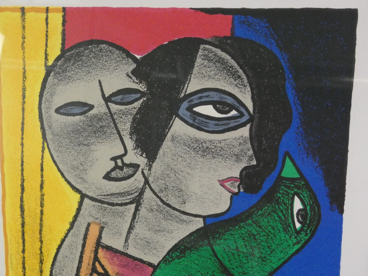 Kleurrijke ingelijste litho - Couple à l'oiseau