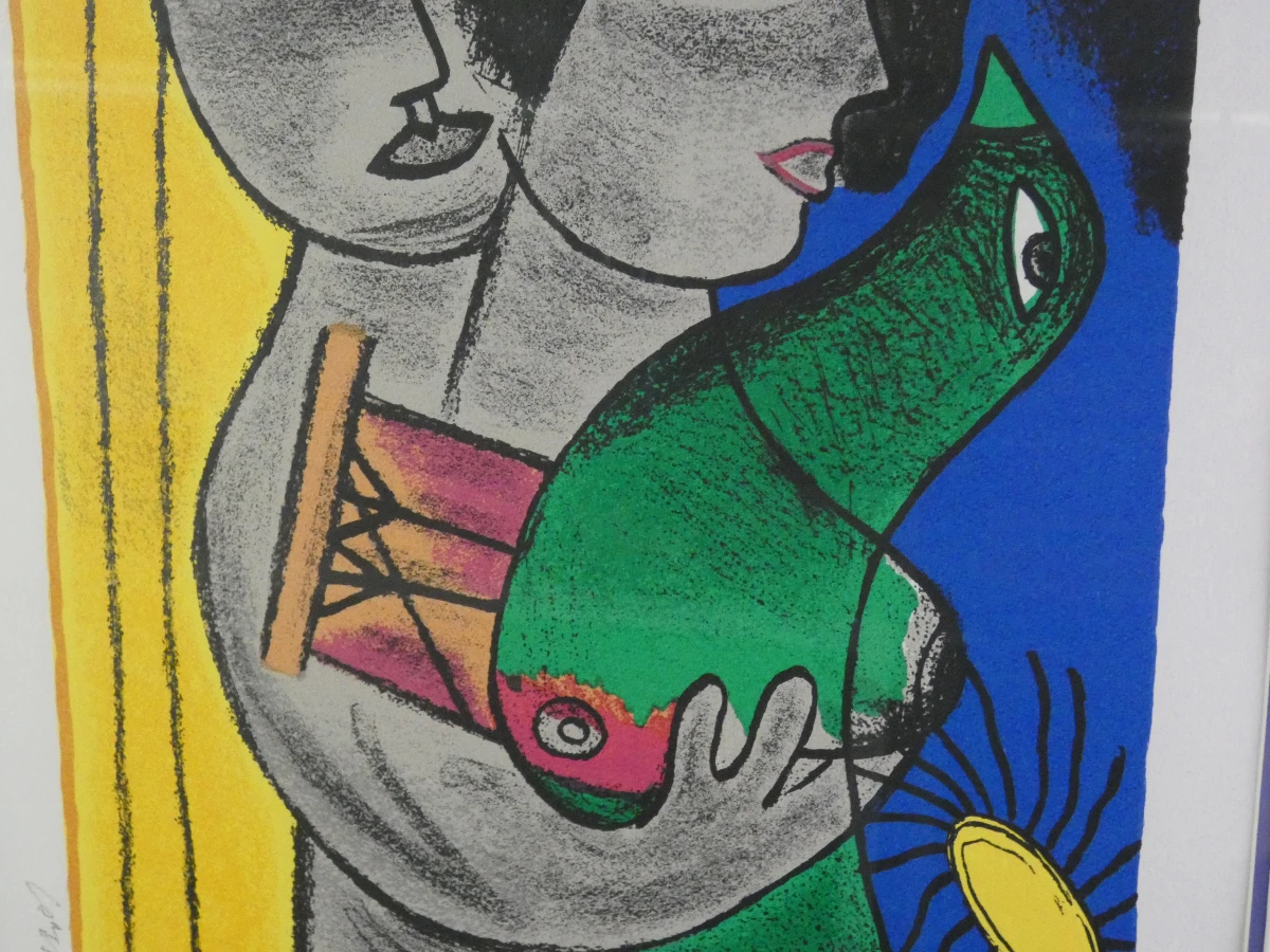 Kleurrijke ingelijste litho - Couple à l'oiseau