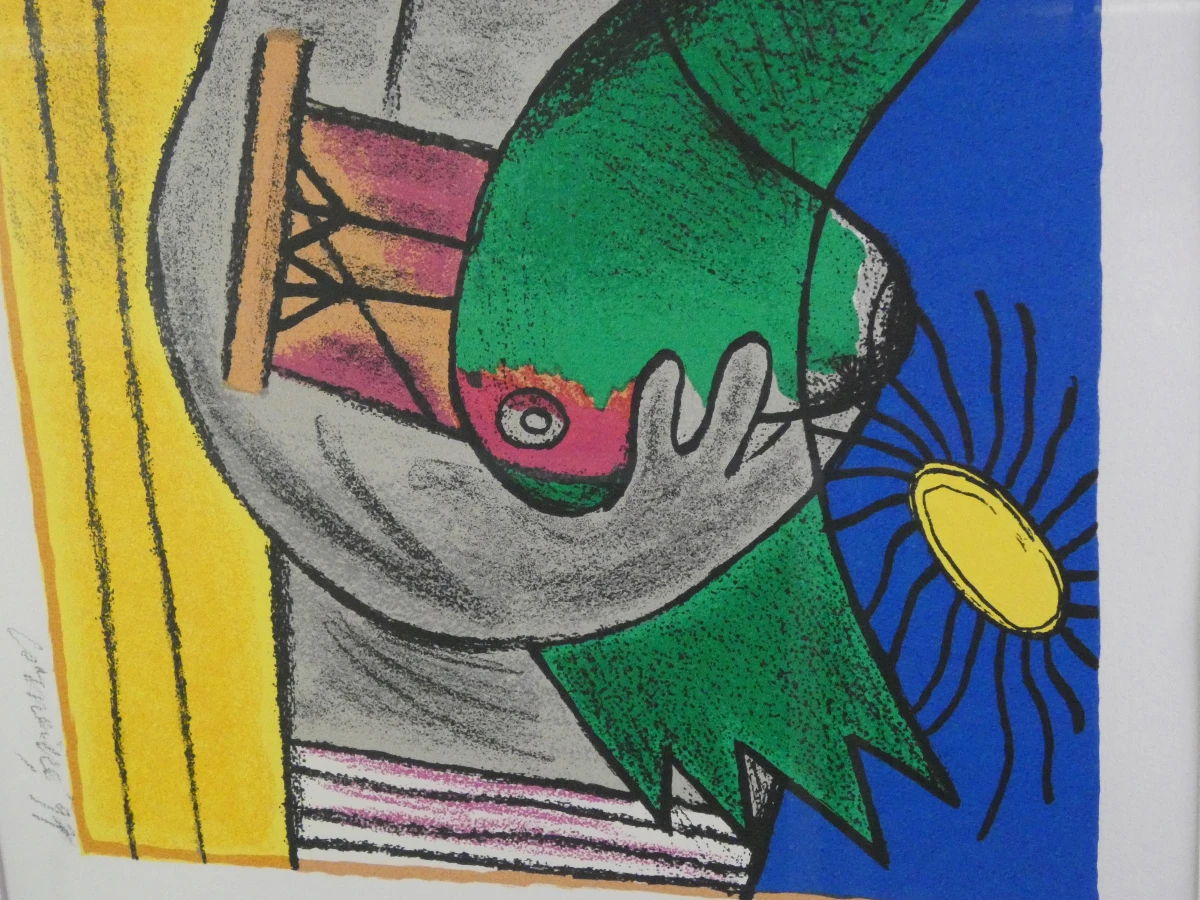 Kleurrijke ingelijste litho - Couple à l'oiseau