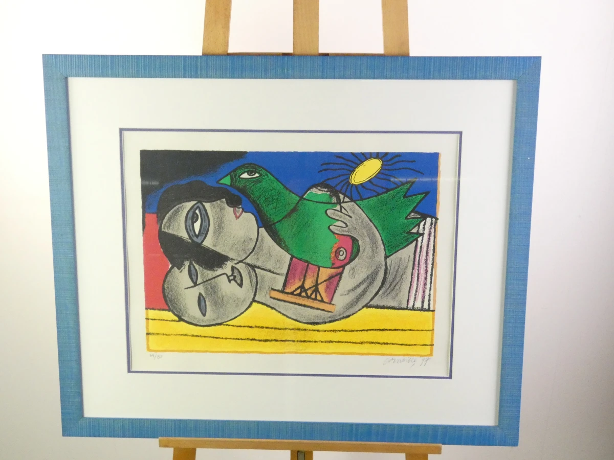 Kleurrijke ingelijste litho - Couple à l'oiseau