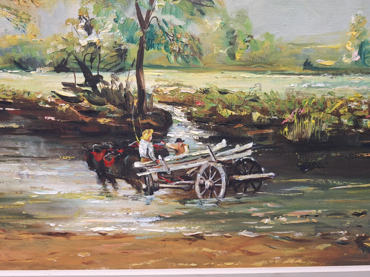 handgeschilderde olieverf op doek - "The Hay Wain" naar John Constable - gesigneerd Pater J. (1979)