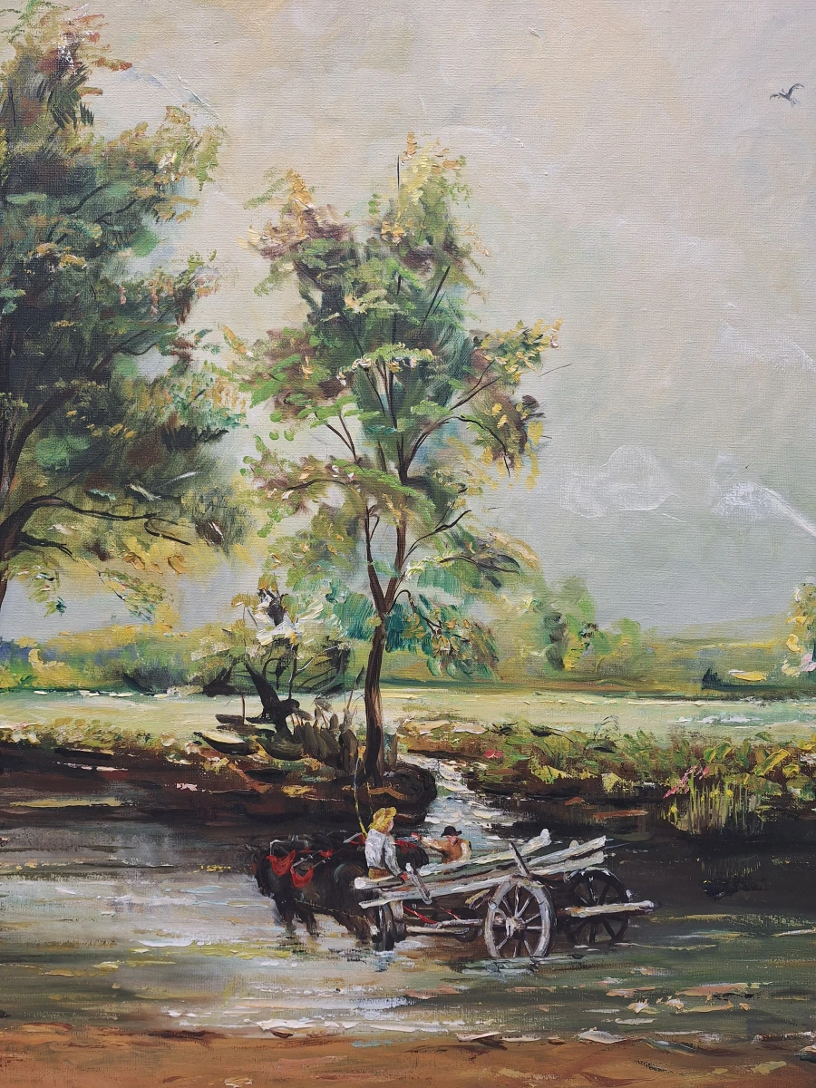 handgeschilderde olieverf op doek - "The Hay Wain" naar John Constable - gesigneerd Pater J. (1979)