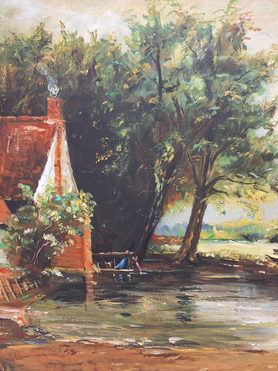 handgeschilderde olieverf op doek - "The Hay Wain" naar John Constable - gesigneerd Pater J. (1979)