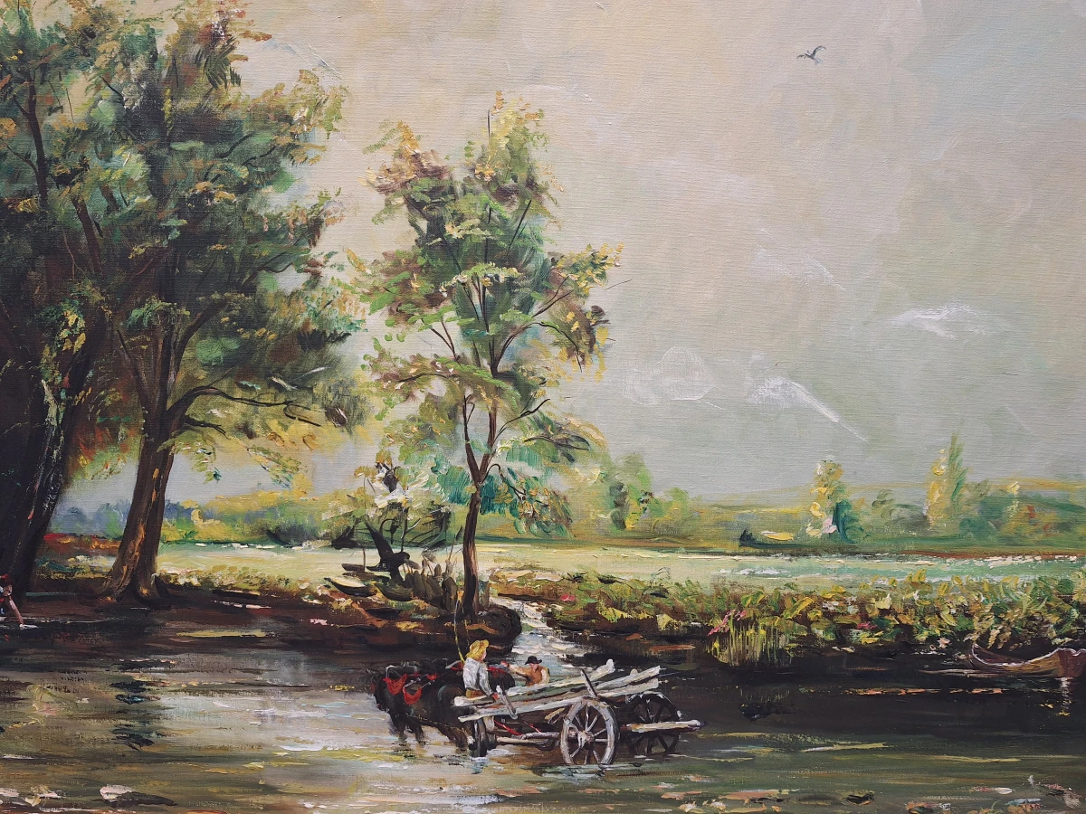 handgeschilderde olieverf op doek - "The Hay Wain" naar John Constable - gesigneerd Pater J. (1979)