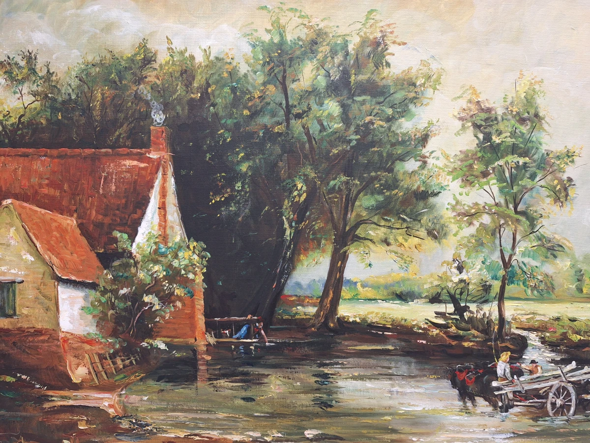 handgeschilderde olieverf op doek - "The Hay Wain" naar John Constable - gesigneerd Pater J. (1979)