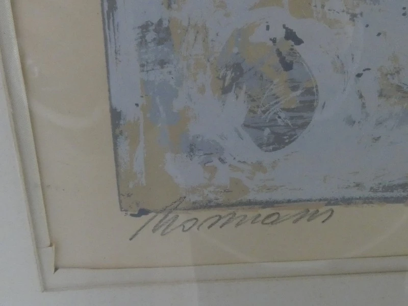 Abstracte ingelijste zeefdruk gesigneerd
