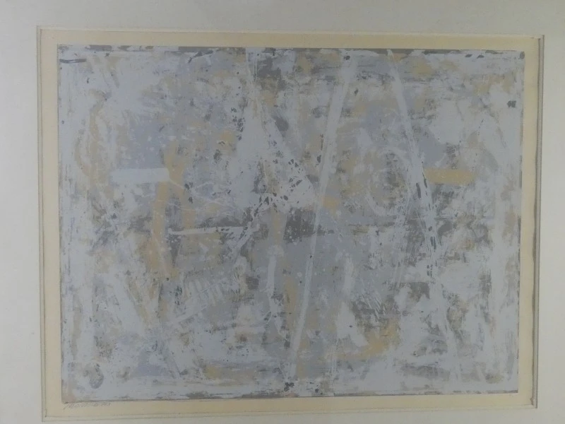 Abstracte ingelijste zeefdruk gesigneerd