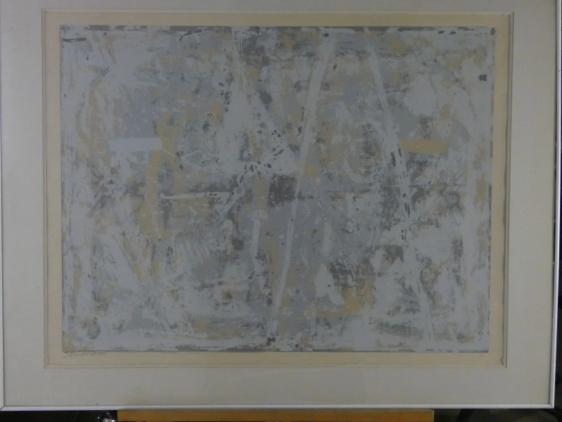 Abstracte ingelijste zeefdruk gesigneerd