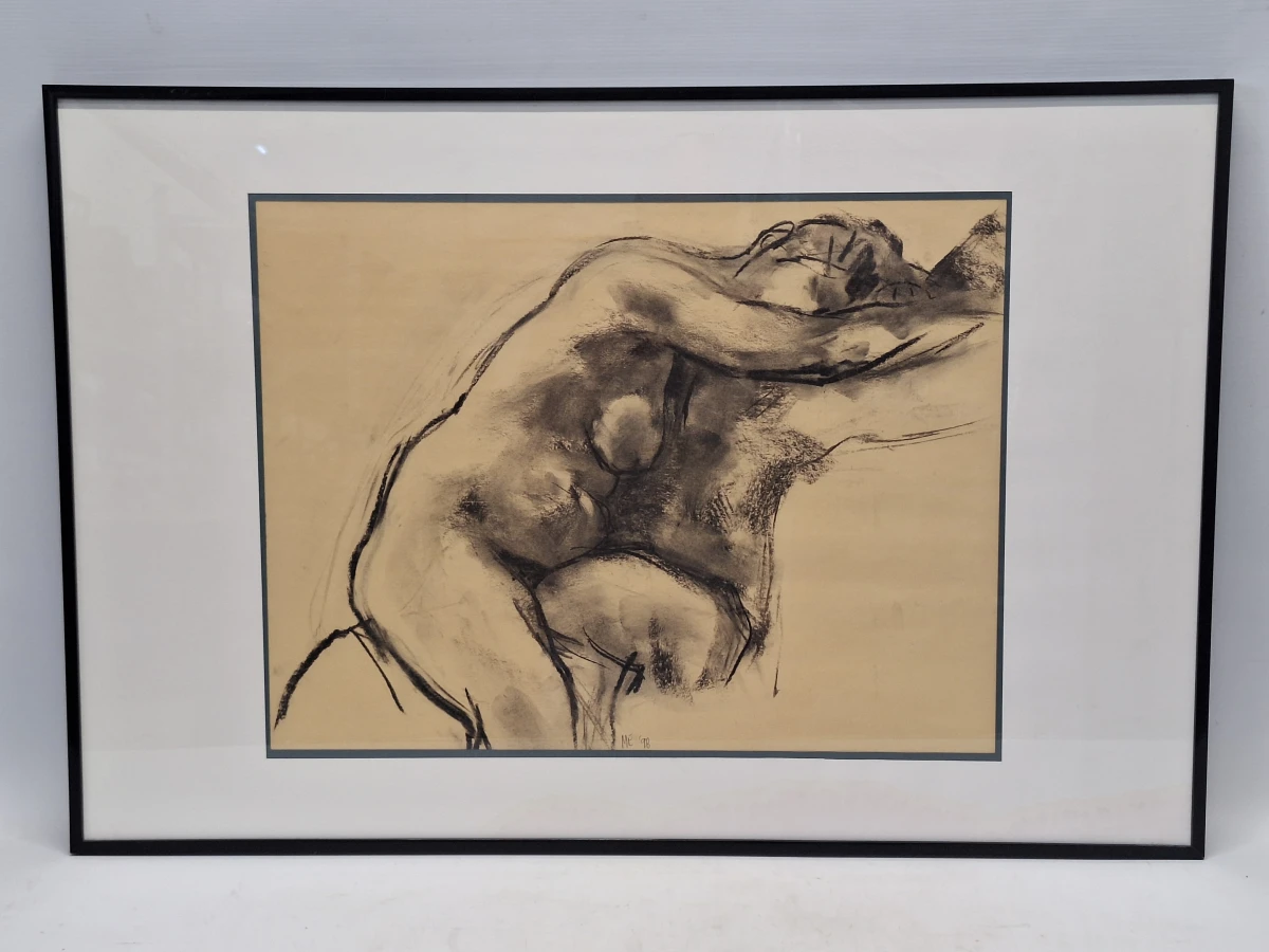 Expressionistische houtskooltekening van een liggend vrouwelijk naakt (1998) - Marie-Madeleine Eyland-Legrain