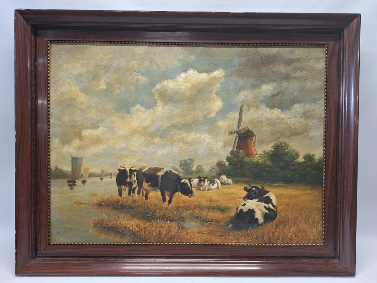 Gesigneerd olieverfschilderij "Vaches au pied d'un moulin en Hollande" - Hollands polderlandschap met koeien naar W. Frey (1791)