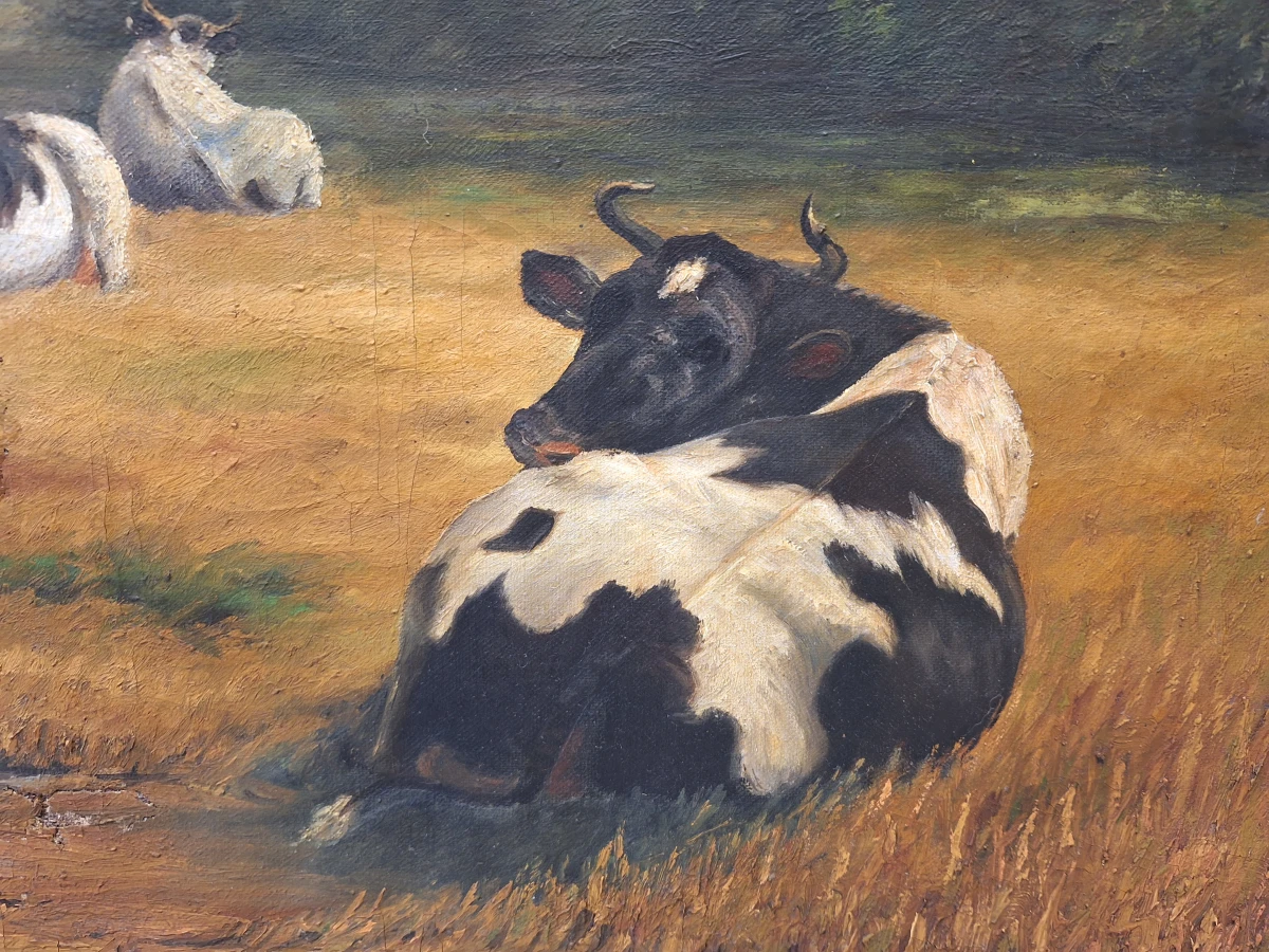 Gesigneerd olieverfschilderij "Vaches au pied d'un moulin en Hollande" - Hollands polderlandschap met koeien naar W. Frey (1791)