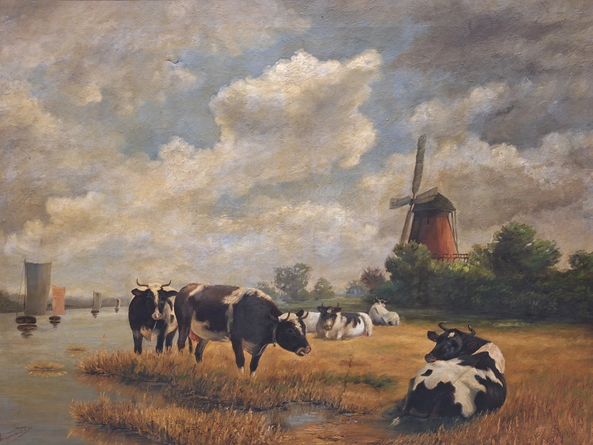 Gesigneerd olieverfschilderij "Vaches au pied d'un moulin en Hollande" - Hollands polderlandschap met koeien naar W. Frey (1791)