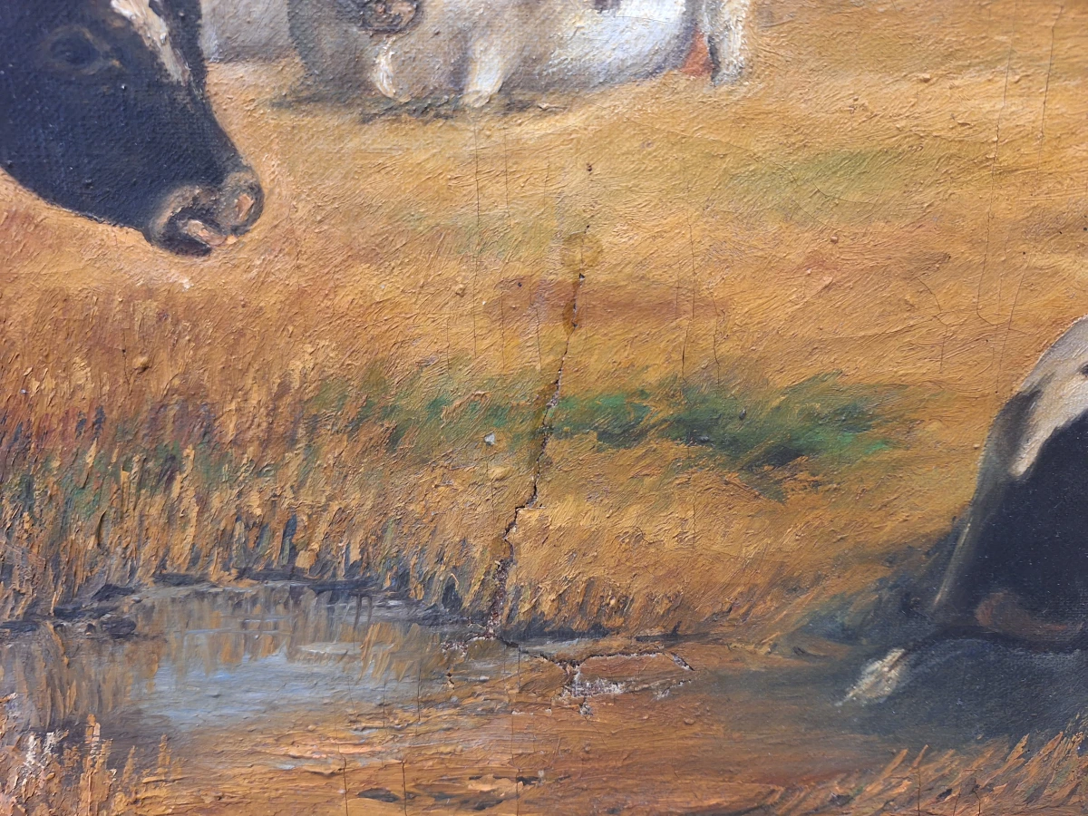 Gesigneerd olieverfschilderij "Vaches au pied d'un moulin en Hollande" - Hollands polderlandschap met koeien naar W. Frey (1791)
