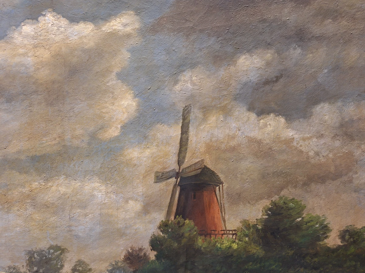 Gesigneerd olieverfschilderij "Vaches au pied d'un moulin en Hollande" - Hollands polderlandschap met koeien naar W. Frey (1791)