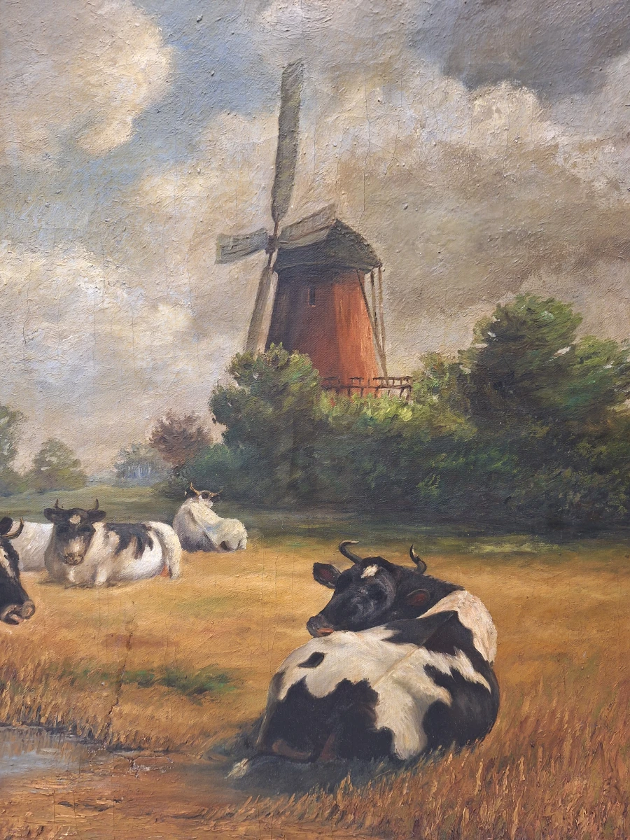 Gesigneerd olieverfschilderij "Vaches au pied d'un moulin en Hollande" - Hollands polderlandschap met koeien naar W. Frey (1791)