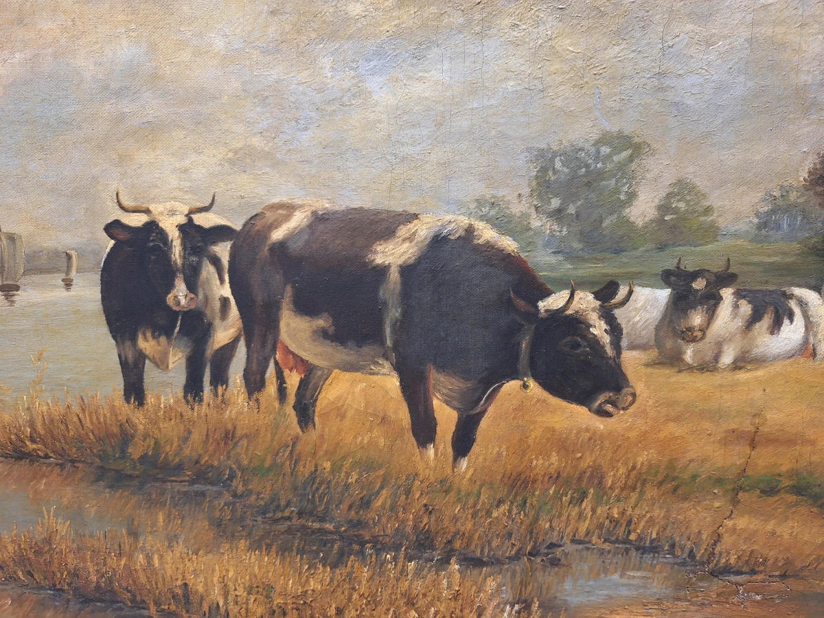 Gesigneerd olieverfschilderij "Vaches au pied d'un moulin en Hollande" - Hollands polderlandschap met koeien naar W. Frey (1791)