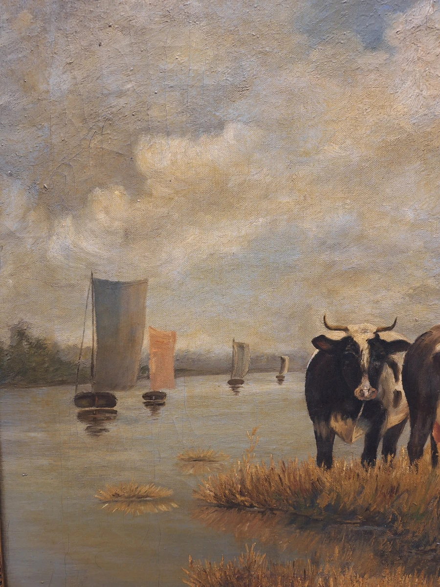 Gesigneerd olieverfschilderij "Vaches au pied d'un moulin en Hollande" - Hollands polderlandschap met koeien naar W. Frey (1791)