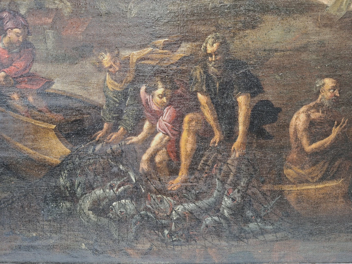 Antiek Bijbels olieverfschilderij - De wonderbaarlijke visvangst - Vlaamse of Italiaanse school (17e–18e eeuw)