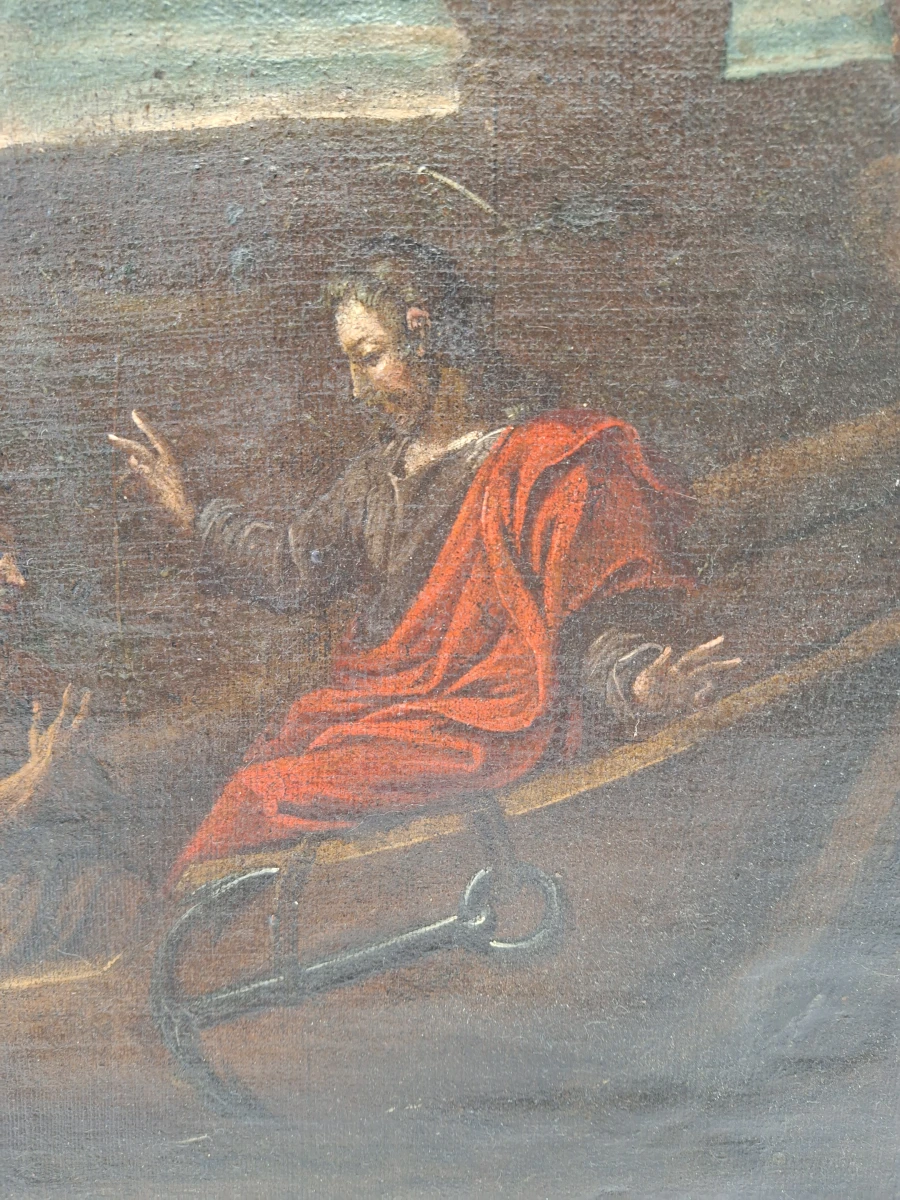 Antiek Bijbels olieverfschilderij - De wonderbaarlijke visvangst - Vlaamse of Italiaanse school (17e–18e eeuw)