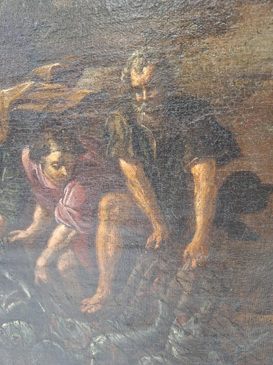 Antiek Bijbels olieverfschilderij - De wonderbaarlijke visvangst - Vlaamse of Italiaanse school (17e–18e eeuw)