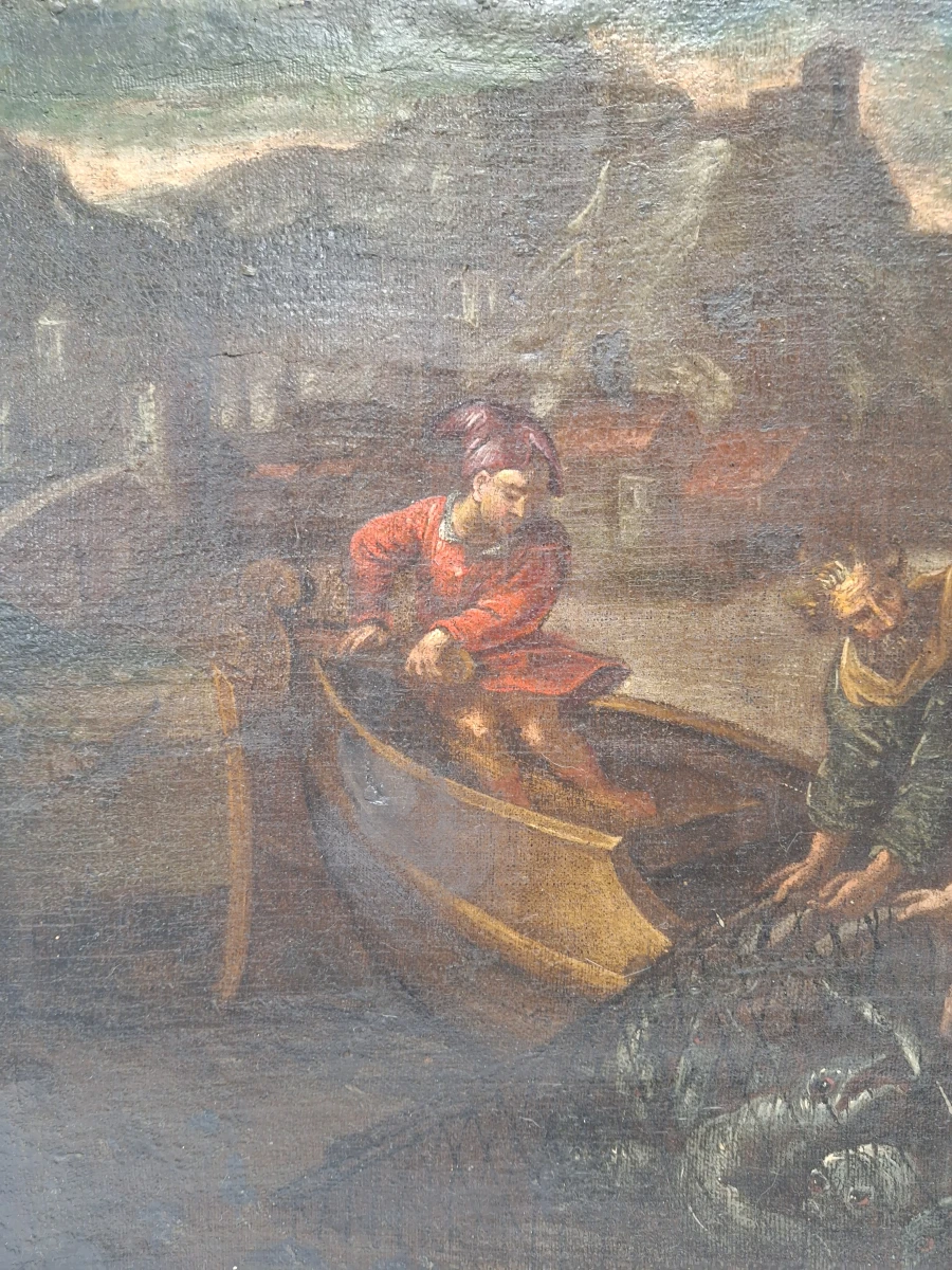 Antiek Bijbels olieverfschilderij - De wonderbaarlijke visvangst - Vlaamse of Italiaanse school (17e–18e eeuw)