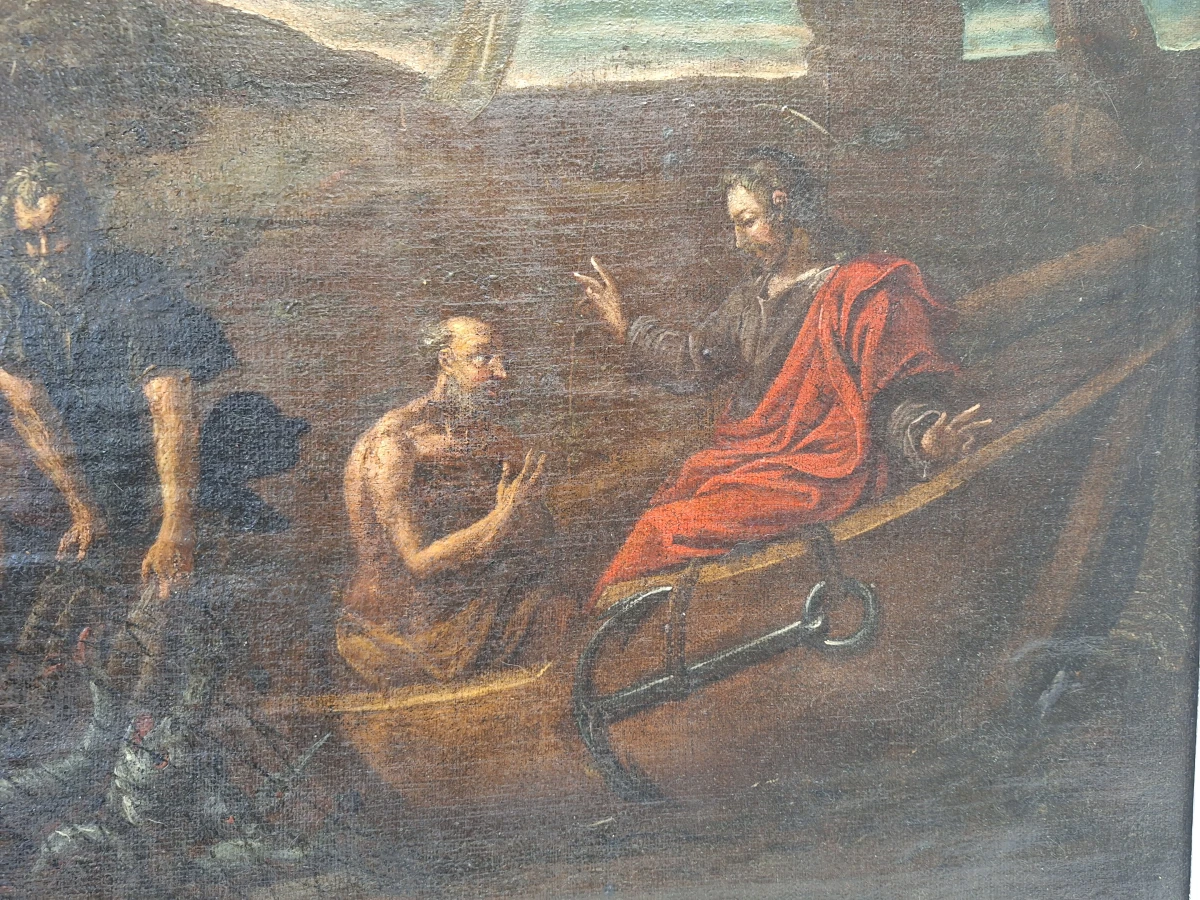 Antiek Bijbels olieverfschilderij - De wonderbaarlijke visvangst - Vlaamse of Italiaanse school (17e–18e eeuw)